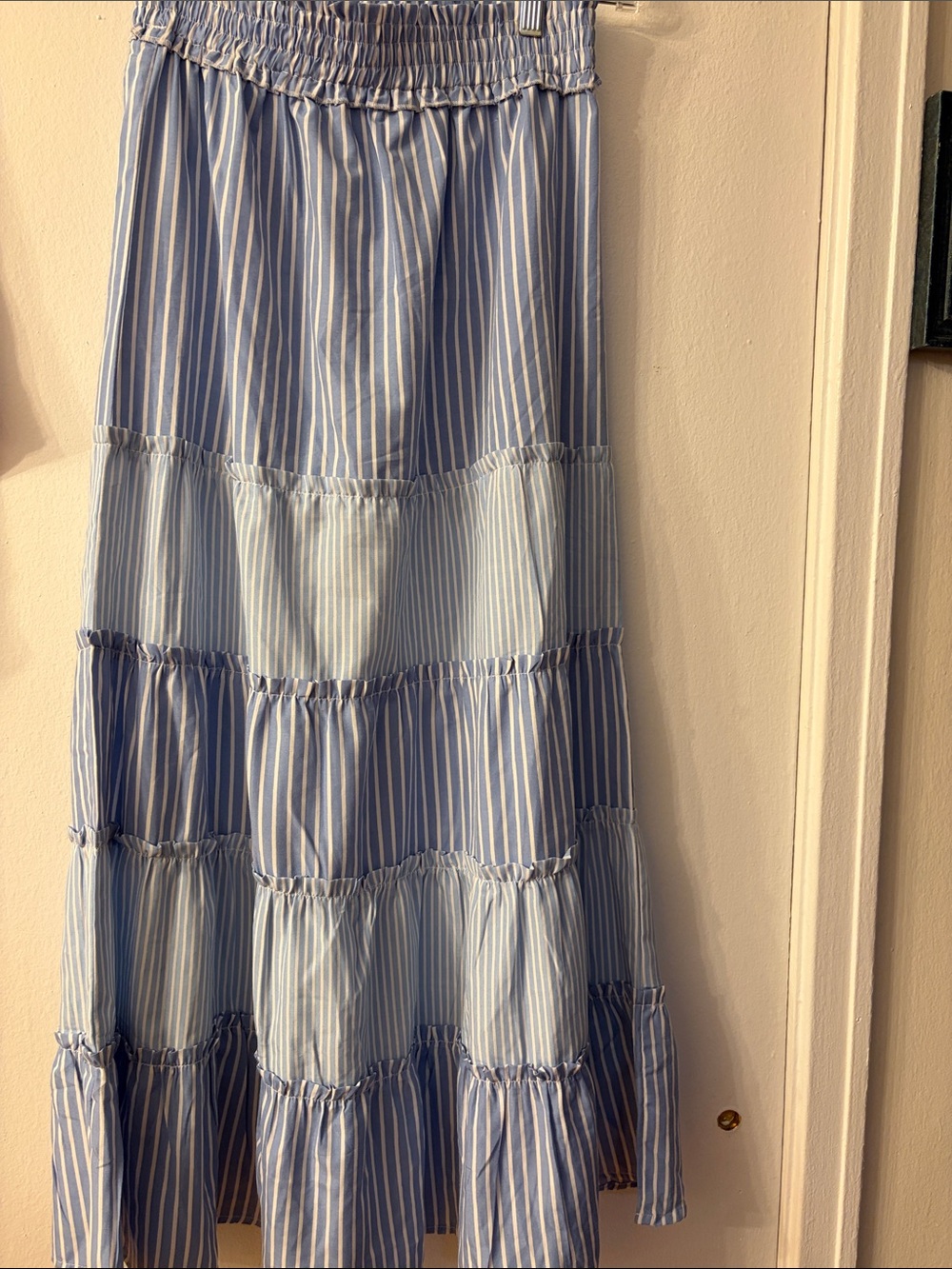 Light Blue & White Striped Tiered Maxi Skirt